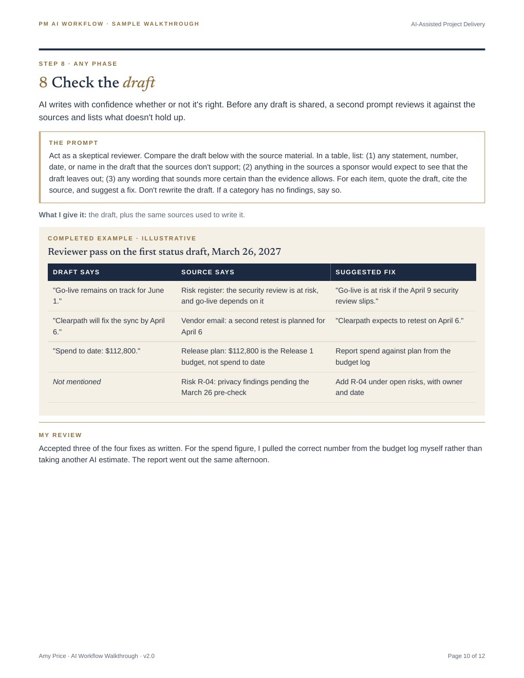 Completed example page of the AI workflow walkthrough, showing the reviewer prompt and a table of four errors caught in a status report draft, each with its source and a suggested fix