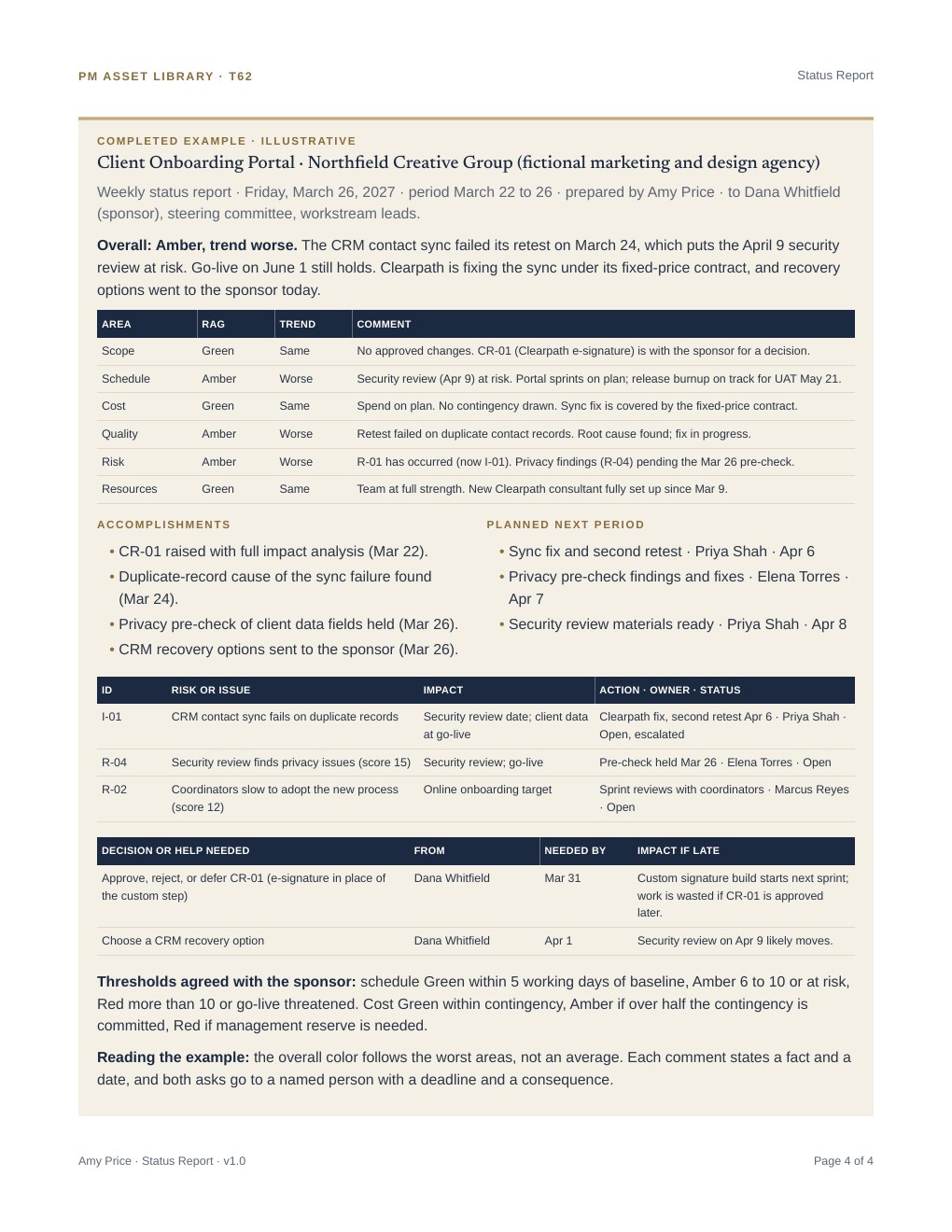 Completed example page of the weekly Status Report, showing an amber overall rating, status by area, open risks and issues, and decisions needed from the sponsor