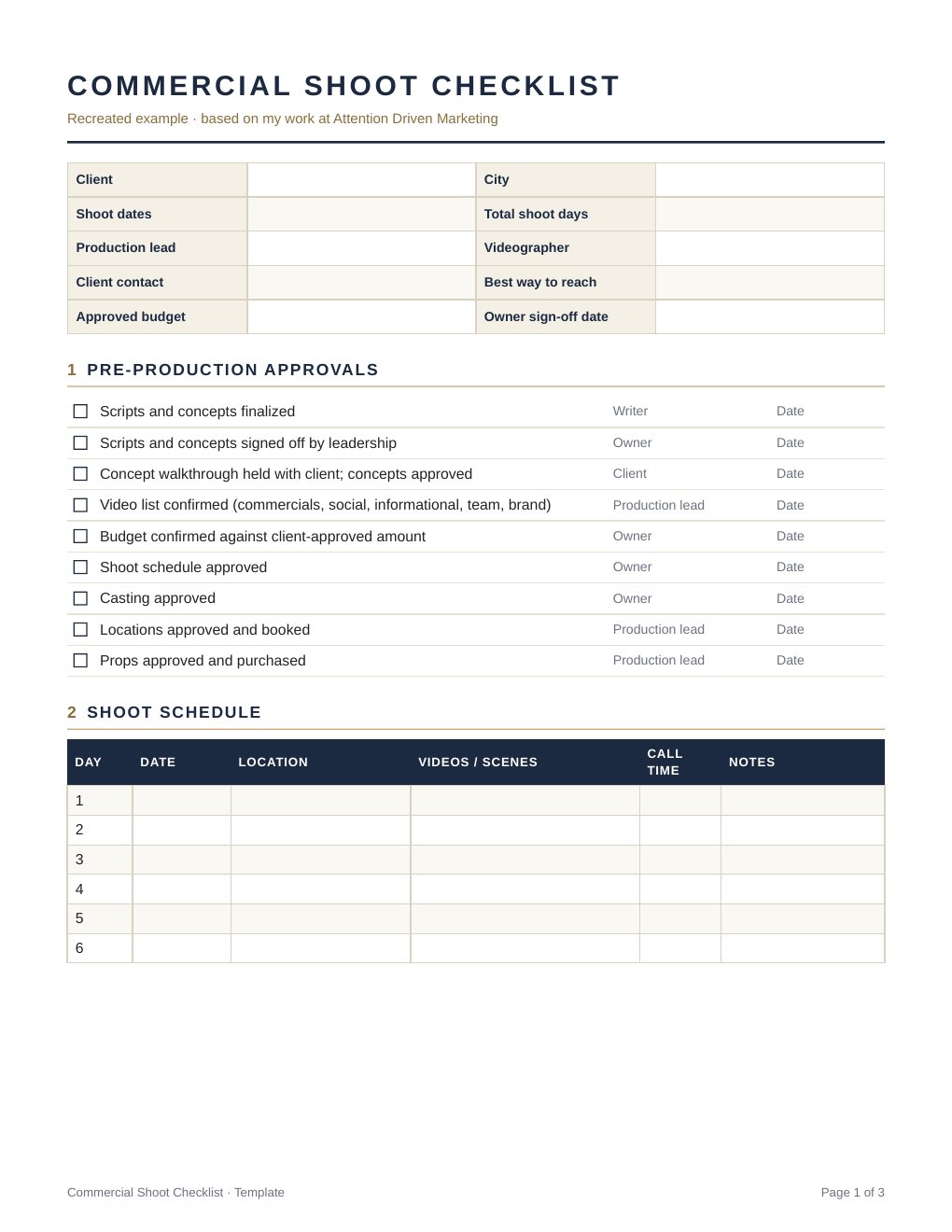 Page one of the commercial shoot checklist template, with sections for shoot details, pre-production approvals, the shoot schedule, and cast including standby actors